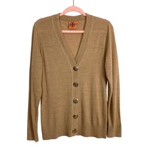 TORY BURCH BROWN GOLD BUTTON FRONT 100% MERINO WOOL CARDIGAN- SIZE XS